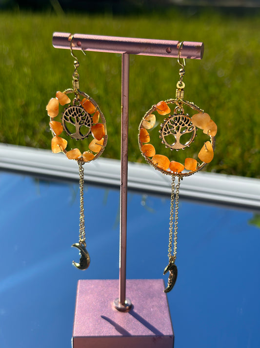 Orange tree of life earrings